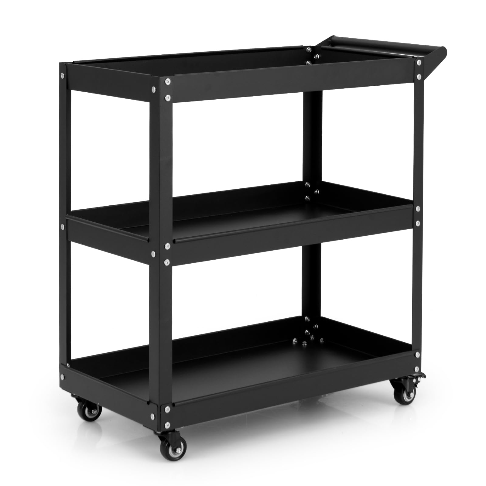 GYMAX Carrello Multiuso Robusto a 3 Ripiani con Maniglia Comoda, Ruote Bloccabili per Magazzino, Garage, Cucina, Officina (Nero)