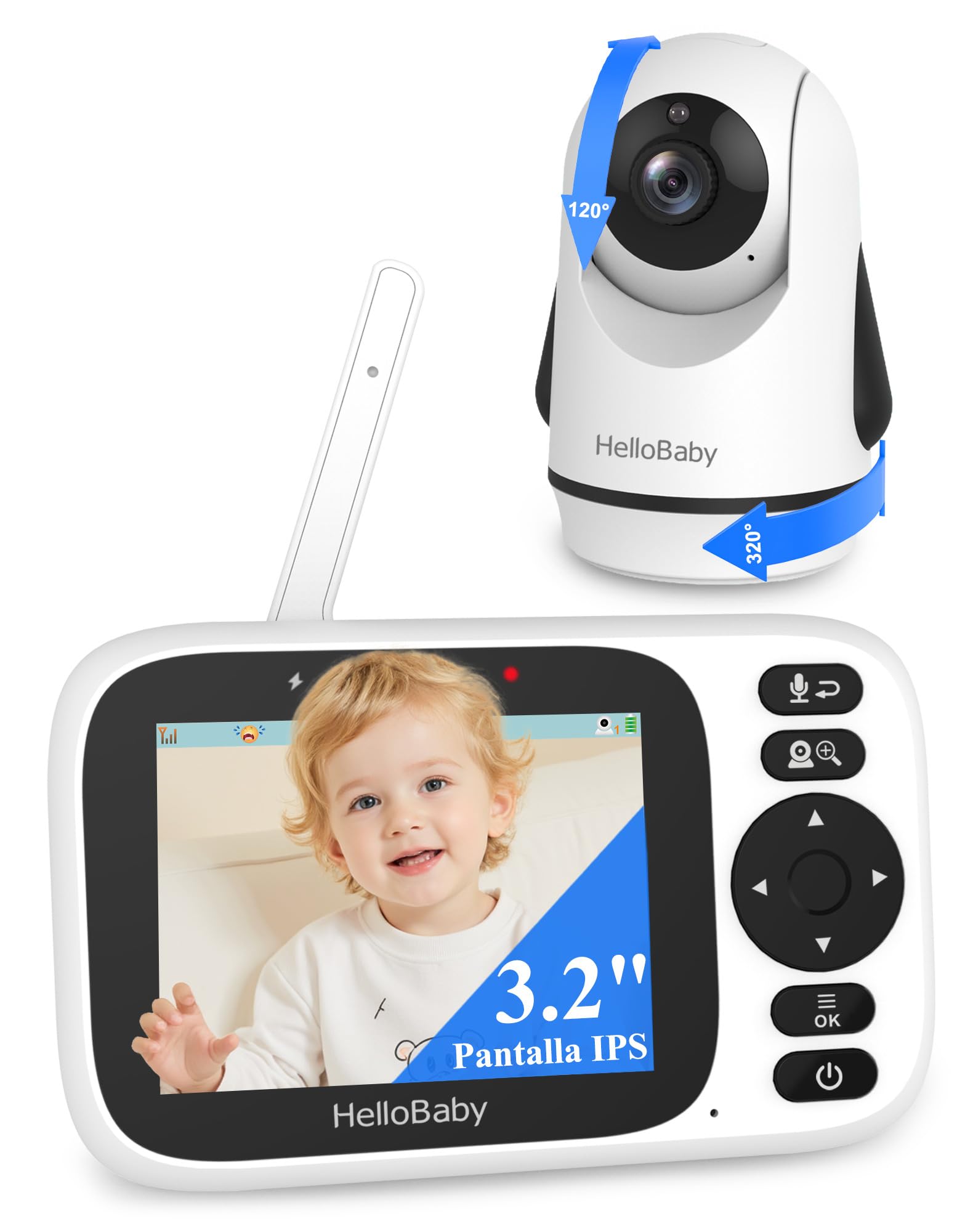 HelloBaby Camara Vigilancia Bebe Vigilabebes con Camara con Pantalla 3.2" IPS, Baby Monitor con cámara y audio, Visión Nocturna,Sin WiFi, Despertador, Conversación Bidireccional Escucha Bebes,Lulabies