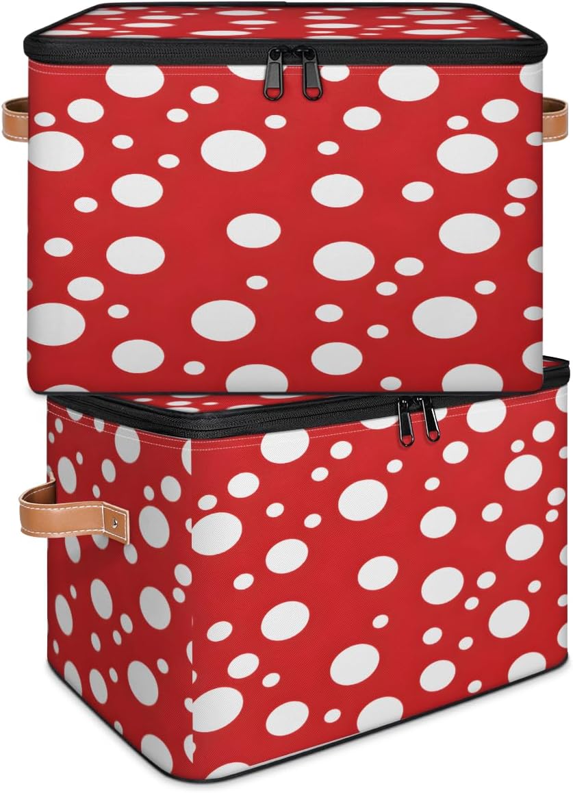 Storage Bin Set of 2 Red Polka Dot Storage Basket with Zipper Lid & Handle Foldable Closet Shelf 2 Pack Cloth Organizer Basket Cube Bins Clothes Organizer for Bedroom, Nursery