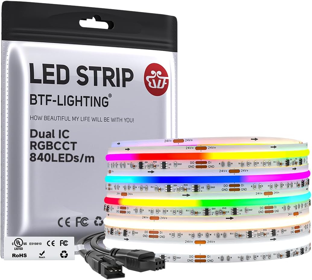 BTF-LIGHTING WS2811 Dual IC RGBCCT FCOB COB LED Strip,UL Listed High Density Chasing IC RGB Light+Tunable White 3000K-6000K,16.4FT 840LEDs/m,10mm Width IP30 DC24V 3M Tape(No Adapter or Controller)