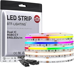 BTF-LIGHTING UL Listed RGBCCT Dual IC Dimmable FCOB COB LED Strip Lights 5M 840LEDs/m 28IC/m Addressable RGB+CCT Tunable White 3000K-6500K 24V IP30 for Kitchen Cabinet Living Room(Strip Only)