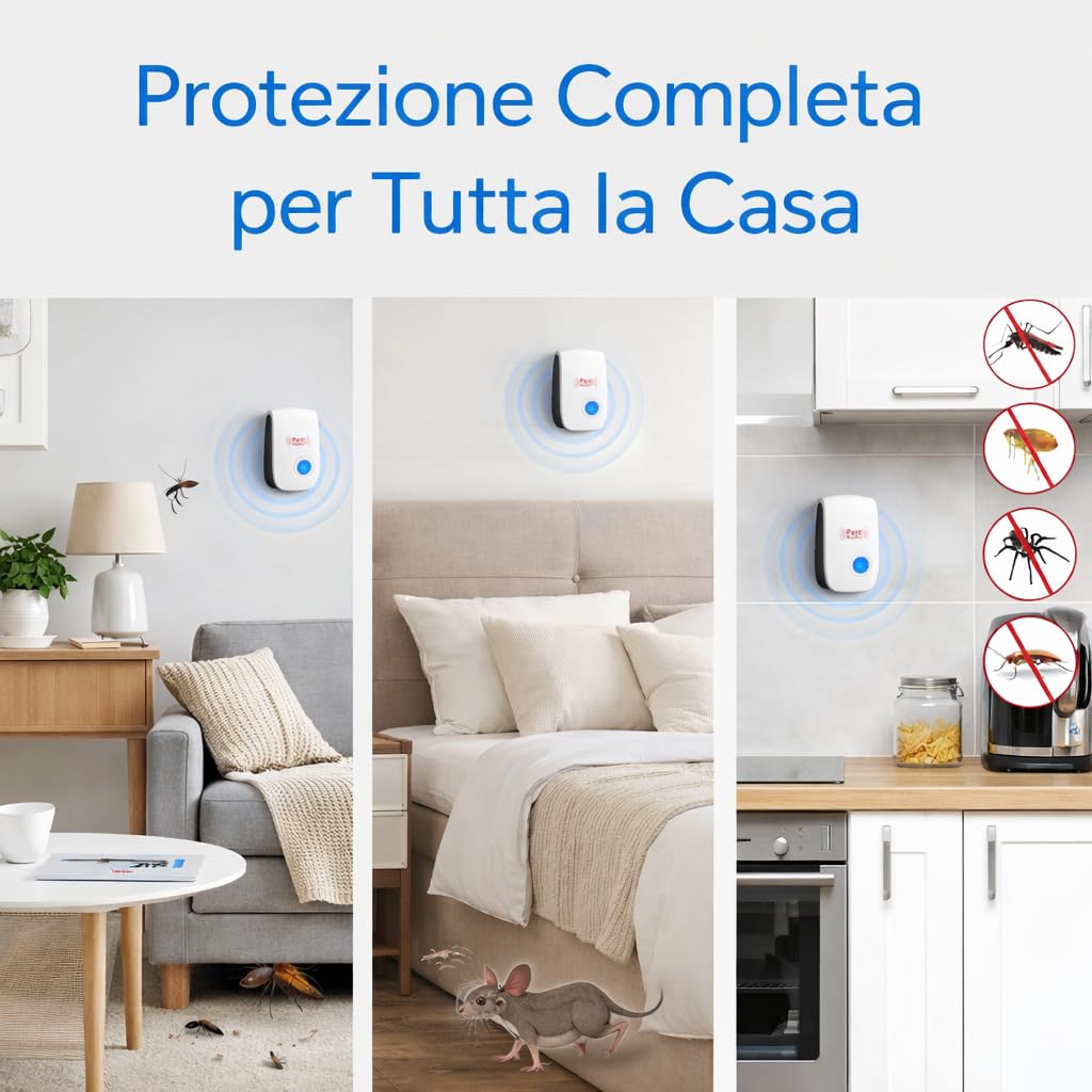 Repellente Ultrasuoni 4 Pezzi – Anti Insetti e Topi per Casa, Scaccia Zanzare, Formiche, Ragni e Scarafaggi, Senza Chimici, Silenzioso, Copertura Fino a 100 m²