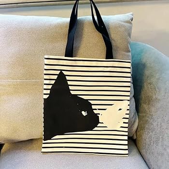 Amazon | 猫柄肩掛けバッグ 黒ベルトと縦黒線デザイン 猫