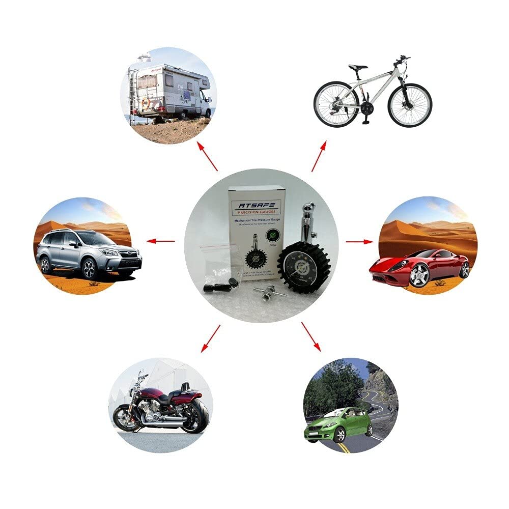 Manómetro de presión de neumáticos de 60 psi, brilla en la oscuridad, con tapas de válvulas de neumáticos, manómetro mecánico profesional para neumáticos compatible con motocicletas, coches, camione