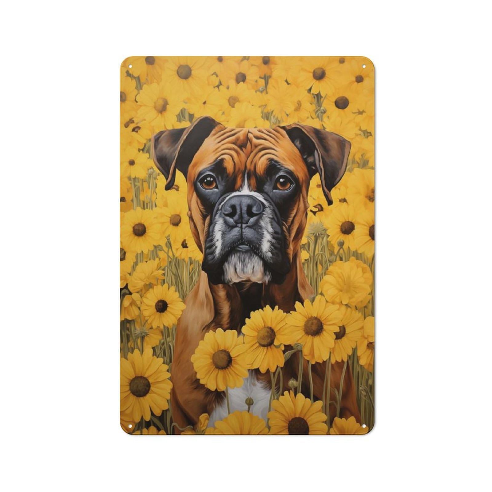 Junmoney Style-11 Tin Wall Plaque 30X20cm With Boxer Dog In Sunflowers For Living Room Or Hallway, For Vintage Wall Decor Fans, For Themed Room Decoration