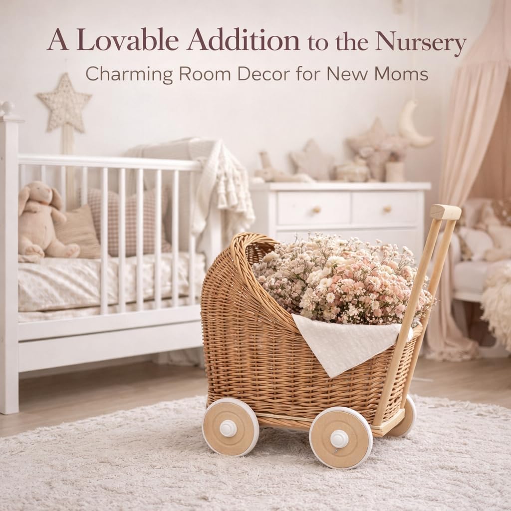 Vintage Wicker Flower Display Basket with Wheels – Handwoven Rattan Decor Cart for New Event Celebration, Wedding & Nursery Styling