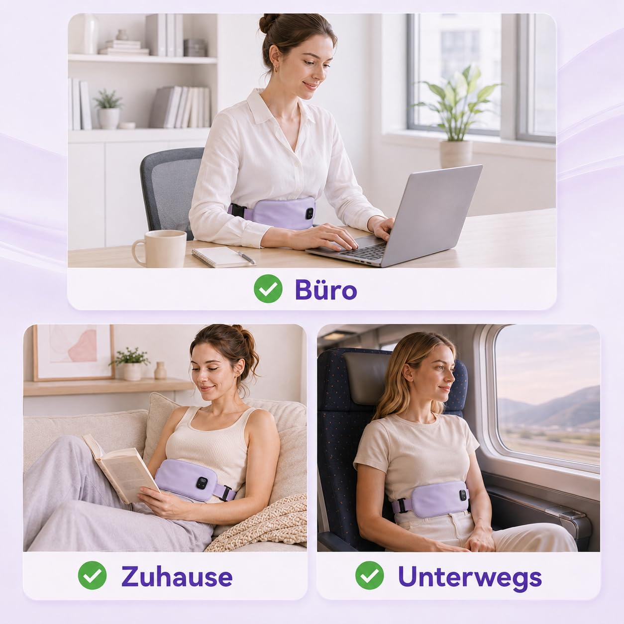 Wärmegürtel Periode, 5000mAh Perioden Wärmegürtel für Krämpfe, 3 Wärmestufen&Vibrationsmassage, 11x140cm Kabellos Heizgürtel für Periode-Bauch und -Rücken, Geschenk für Frauen und Mädchen (Lila)