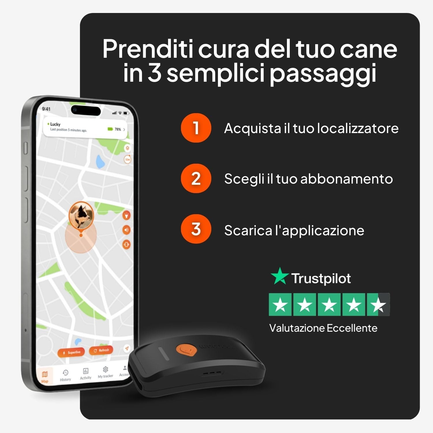 Weenect Cane XT - Localizzatore GPS per Cani Senza Collare | Impermeabile | Antenna XL | Portata Illimitata | Garanzia a Vita | Abbonamento Necessario