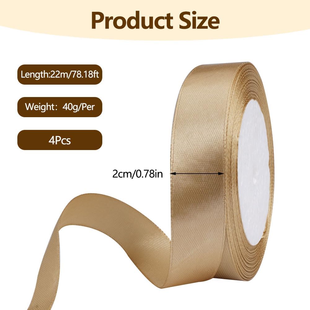 4 Rolls Plain Satin Ribbon Wide, 22 m x 22 mm per Roll Brown Gold Satin Ribbon, Satin Ribbon, Gift Ribbon, Ribbon for Packaging, Crafts, Durability, Birthday and Wedding Decoration