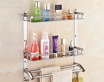 HANDY Bathroom Accessories Stainless Steel Chrom Finish 2 Layer Bathroom Shelf with Towel Rod Multipurpose Wall Mount Bathroom Shelves Organizer with Hook