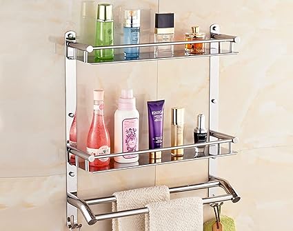 HANDY Bathroom Accessories Stainless Steel Chrom Finish 2 Layer Bathroom Shelf with Towel Bar Multipurpose Wall Mount Bathroom Shelves Organizer Towel Racks with Hook (16x5x17 inch)