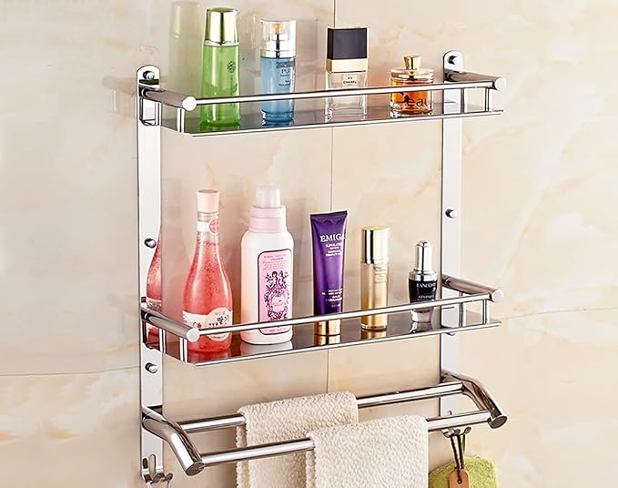 HANDY Self Adhasive Bathroom Accessories Set Stainless Steel 3 Layer Bathroom Shelf | Towel Holder Multipurpose Wall Mount | No-Drill Bathroom Organiser Towel Racks with Hook (16x5x17 inch)