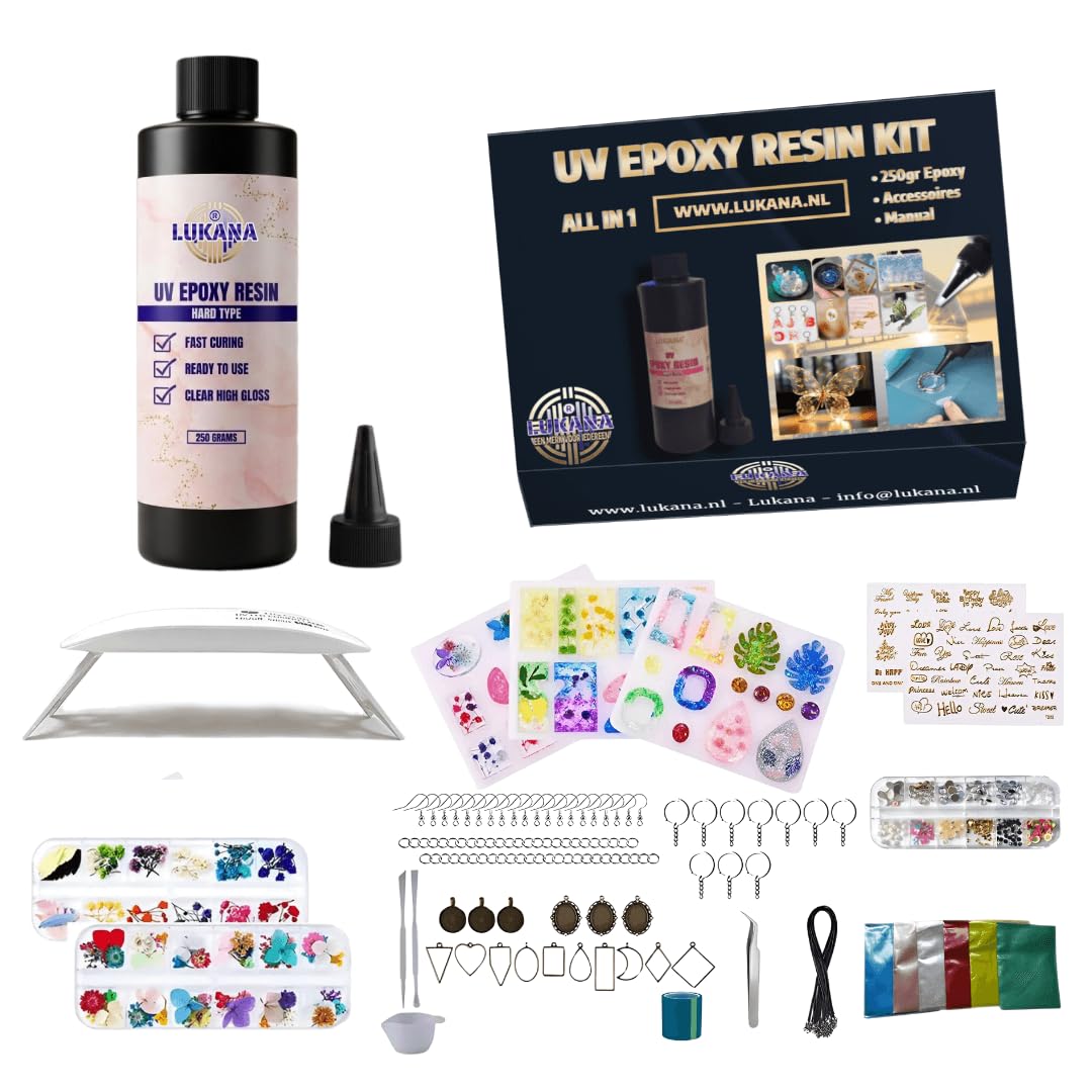 Lukana UV Resin Set mit Lampe 36W – Epoxidharz Starter Set 250g – Schmuck Set DIY komplett – UV Harz ohne Mischen, transparent, schnell härtend – Zubehör für Schmuckherstellung