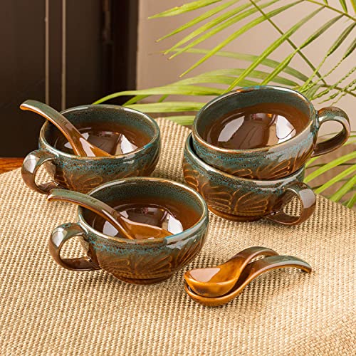 Image of ExclusiveLane Ceramic Handled Soup Bowl Set with Spoon (300ml, Amber, Teal Tints)-Set of 4| Ceramic Soup Bowl with Spoon Soup Bowls Set of 4 with Spoons Bowls for Soup|