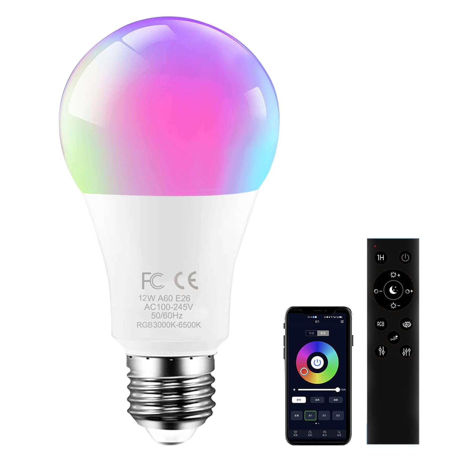AILEMING E27 RGBCW LED Bulb with a 2.4GHz Remote Control, A60 12W 1000lm Color Changing Smart Light Bulb for Bderoom, Mood Soothing,AC110-240V 100W Equivalent,Dimmable 3000-6500K,1 Bulb & Remote