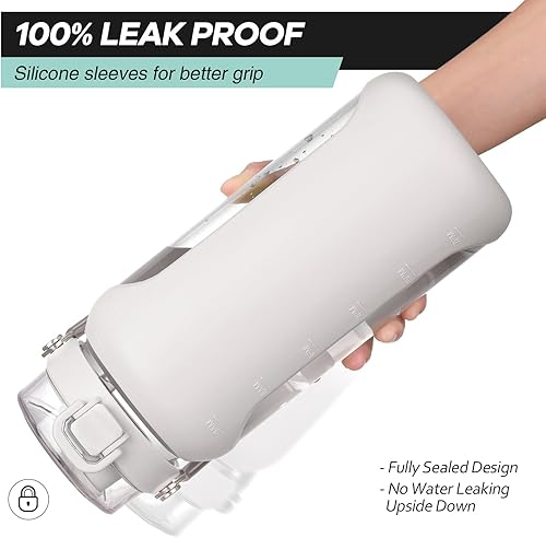 Miniatura 2 de BLUEGO Botella de agua de vidrio de 64 onzas, botellas de agua con mango de acero inoxidable y popote, botella de agua motivacional de medio galón