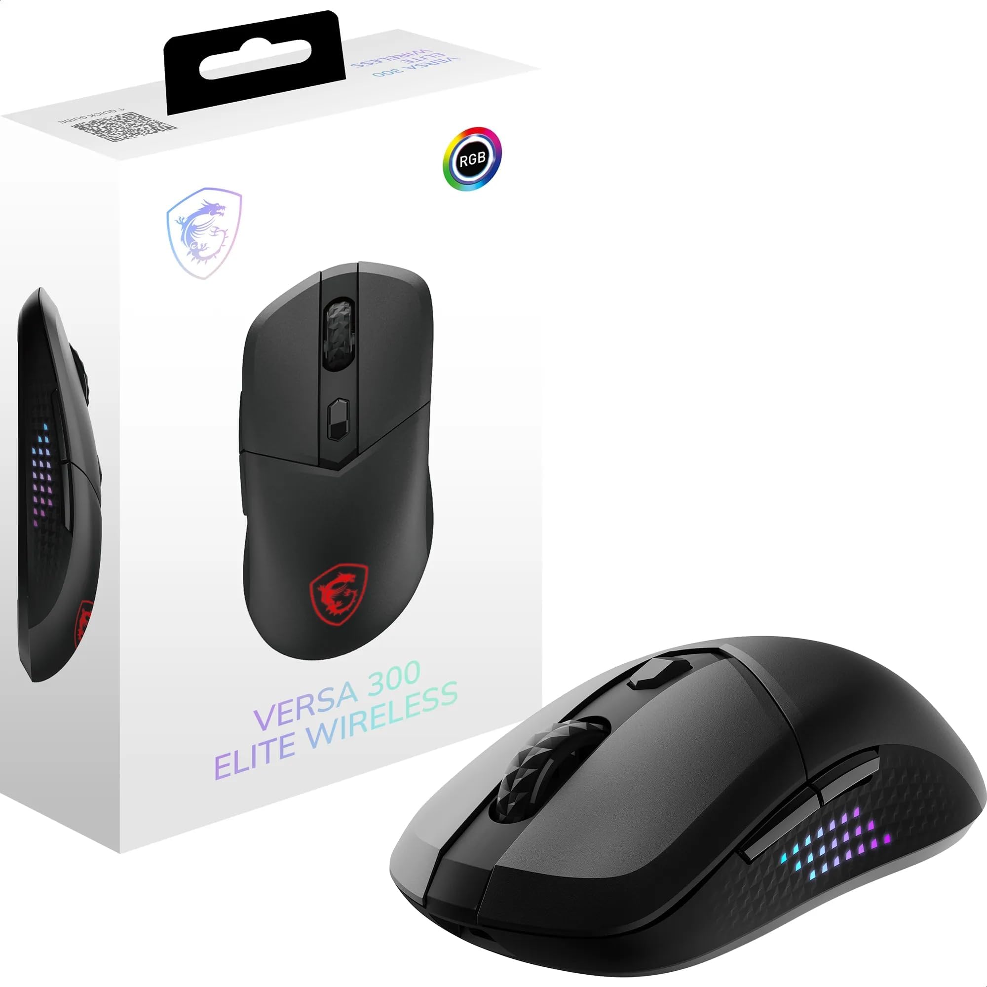 VERSA 300 ELITE WIRELESS Gaming Mouse - 26000 DPI Optical Sensor, 1000 Hz polling rate, Symmetrical, 60M+ Click OMRON Switches, 6 Buttons, 200-Hour Battery, 1ms Latency, RGB, 65g - Wired/Wireless