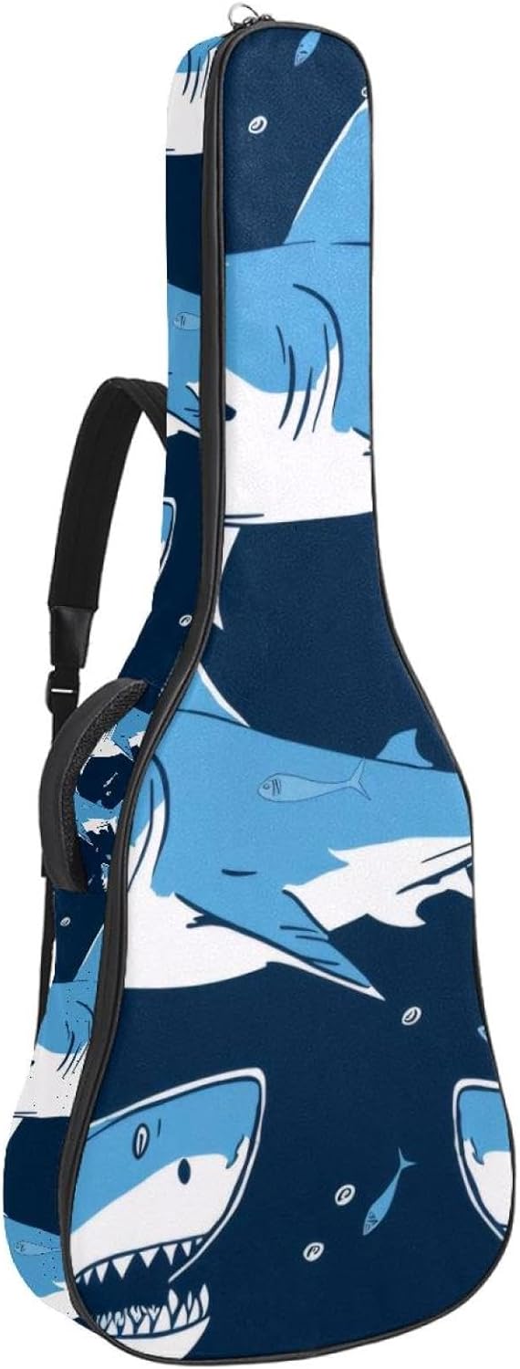 Acoustic Guitar Bag 0.4 Inch Thick Padding Waterproof Guitar Case Gig Bag for 40 41 42 Inch Electric Bass Classical Guitar, Cool Sharks Blue Pattern