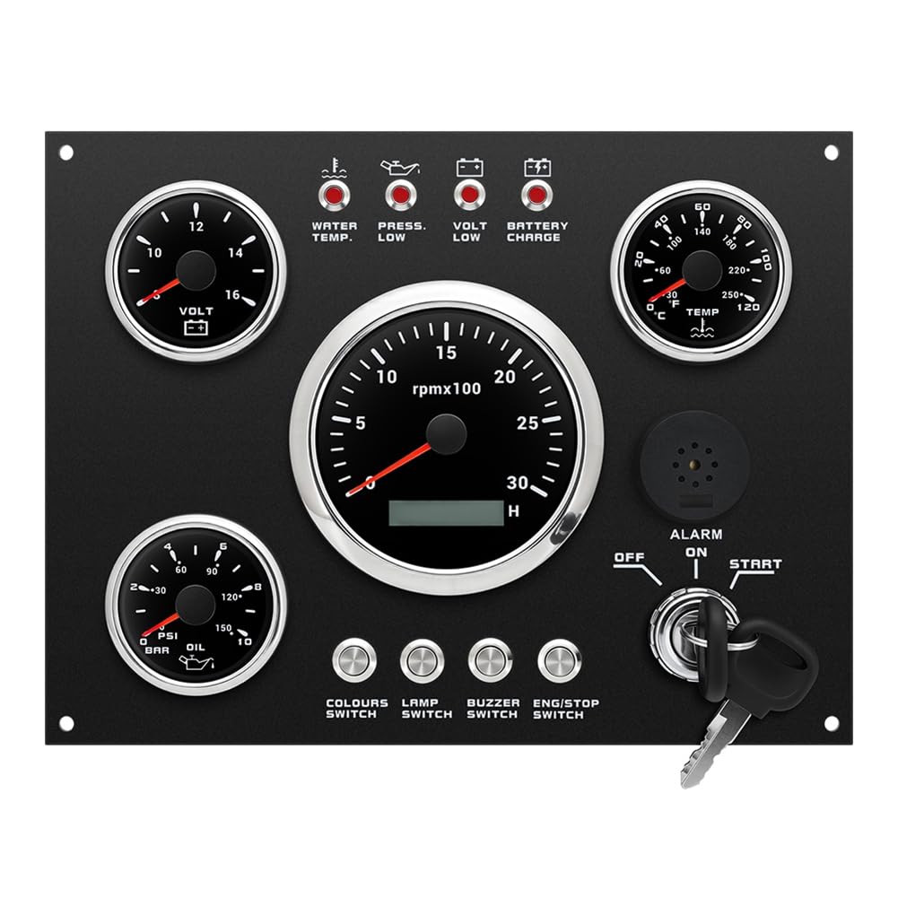 Panel de Interruptores con 4 Indicadores, Tacómetro 85 Mm, 0-3000 RPM para Coche/, LED 7 Colores, Temperatura del Agua, Voltaje, Presión Aceite, Tablero de Instrumentos 12 V