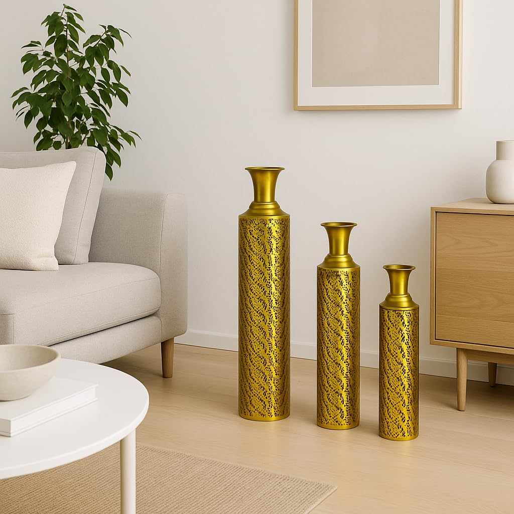 Leewadee Set of 3 Large Floor Vases - Decorative Tall Gold Metal Vases (76/62/50 cm) - Stylish Interior Decoration
