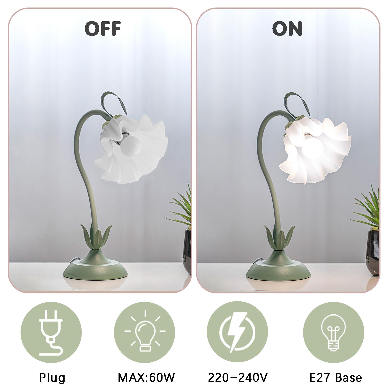 Fiori Lampada da Comodino,Flessibile DIY Lampada da Tavolo con 3-Luci,Lampada da Scrivania da Lettura Moderno Dimmerabile,Lampada da Comodino per Ragazze,Soggiorno,Camera Da Letto,Verde.
