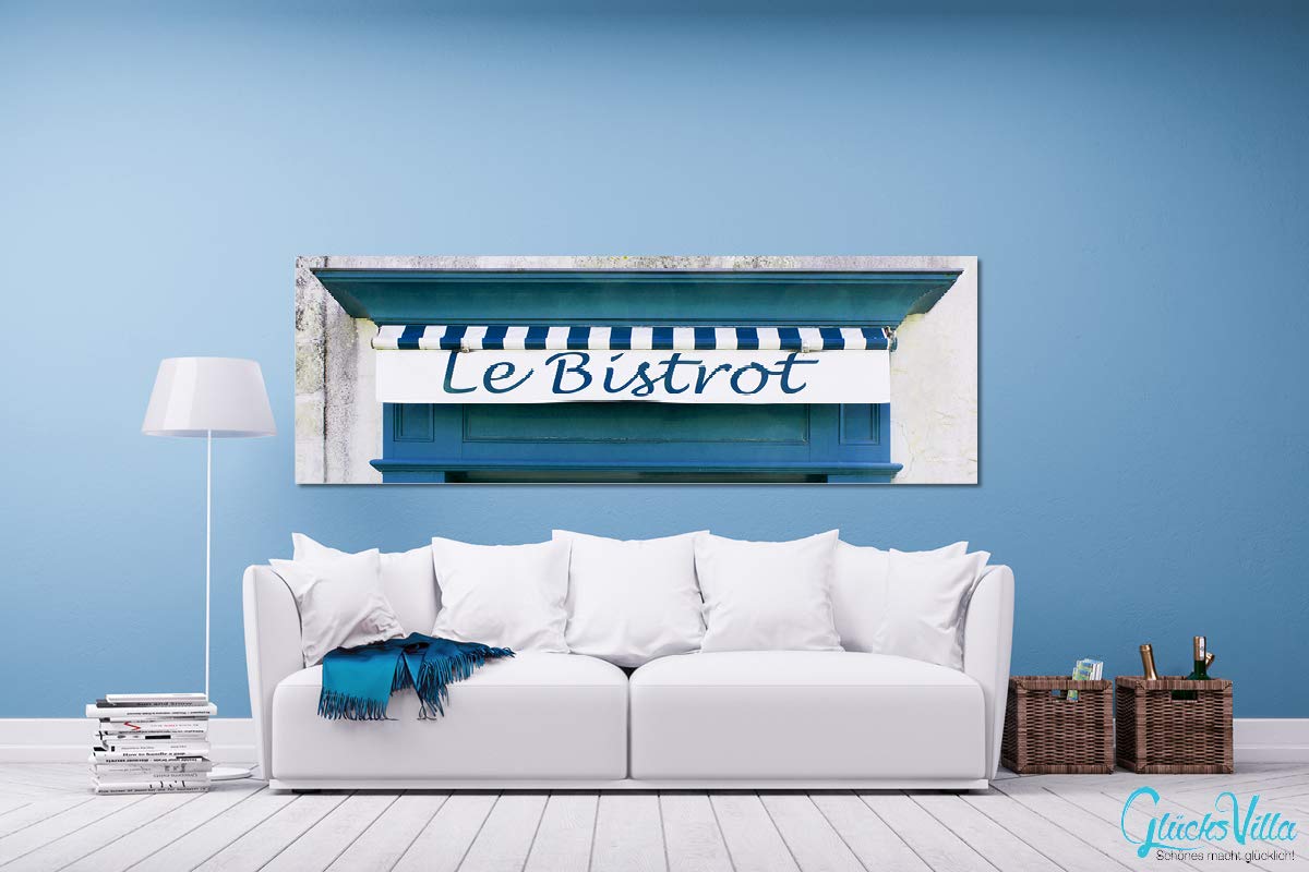 Glücksvilla - Bistrot blau (Leinwand-Bild 5 cm, 60 x 20 cm) | div. Maße - aus DE - Kunstdruck XXL Deko Wandbild quer - Bistro Restaurant Bar Frankreich Paris