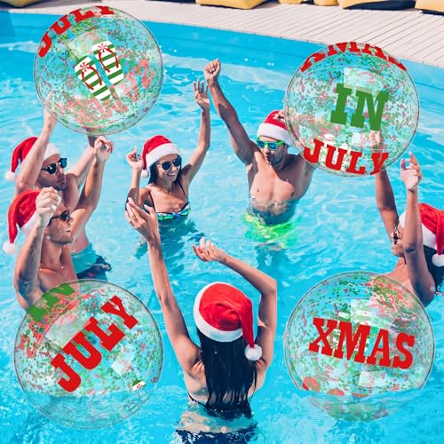 Realspring 10 Pack 16 Christmas in July Inflatable Beach Balls Xmas in July Clear Swimming Pool Balls with Red and Green Confetti for Summer Beach Pool Birthday Party Supplies Recreation Favors