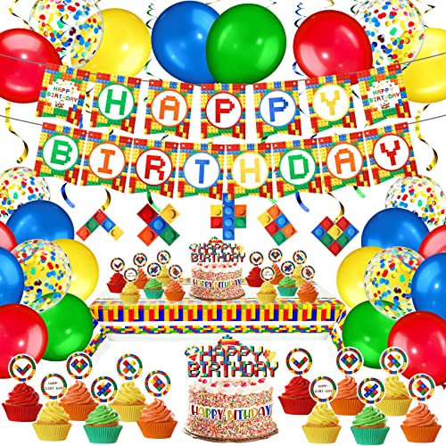 Spiareal 78 Pcs Building Block Birthday Party Supplies Birthday Party Decor Include Happy Birthday Banner, Building Block Swirls, Table Cover, Cake Toppers, Cupcake Toppers, Balloons For Kids Kids #TOP30