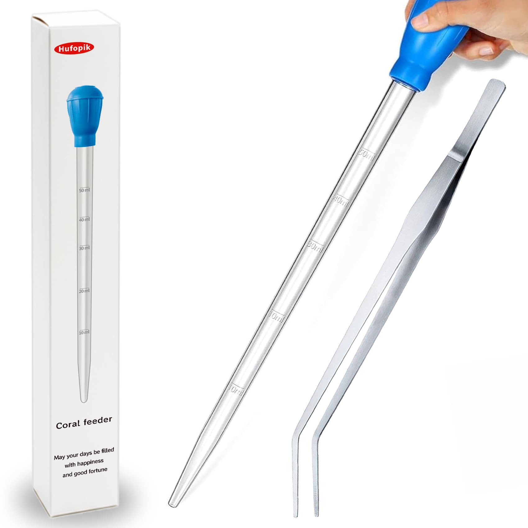 1 Pc Aquarium Coral Feeder with 1 Pc Stainless Steel Feeding Long Tweezers Syringe Spot Coral Feeder Reptile Feeding Tools for Aquatic Plant Reef Anemones Lionfish (Blue, Silvery)