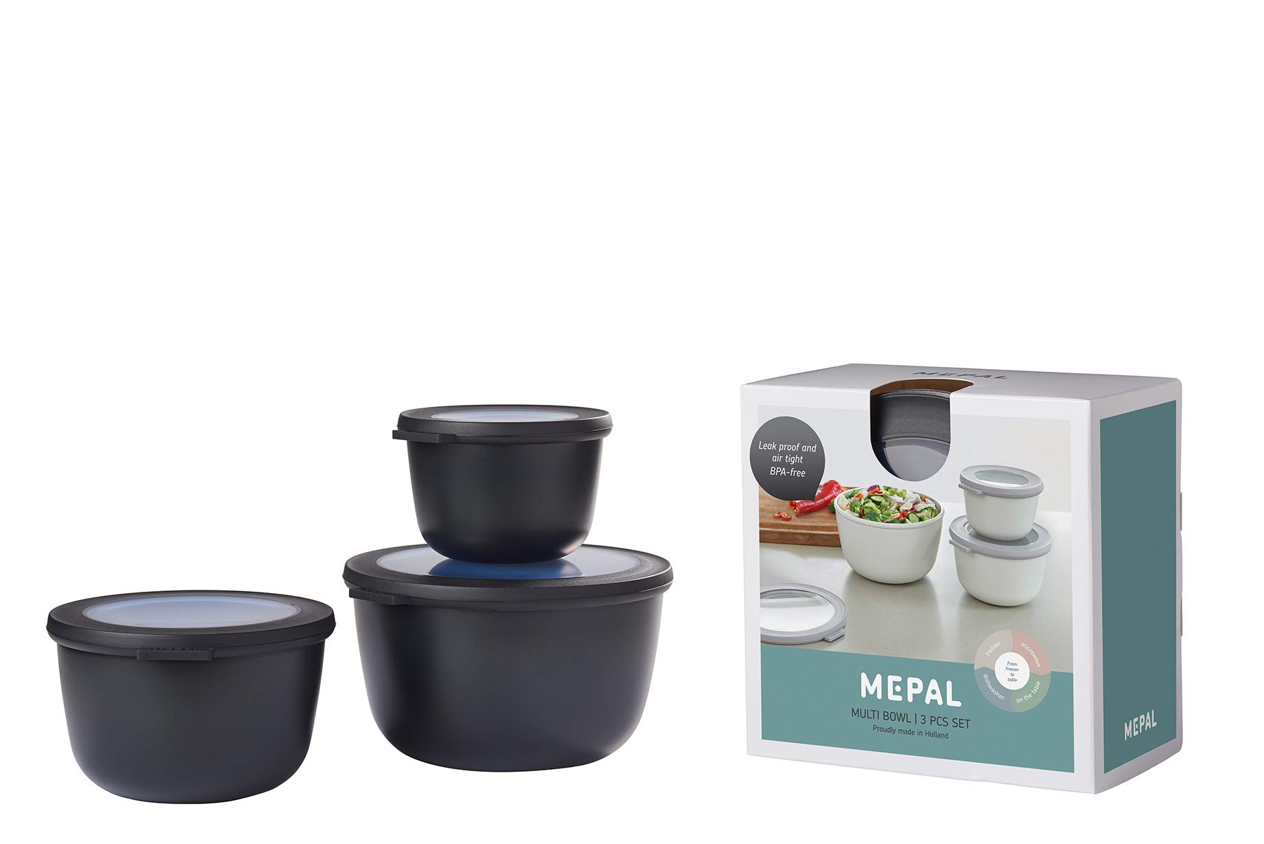 MepalMulti Bowl Cirqula 3-Piece Set – Food Storage Container with Lid - Suitable as Airtight Storage Box for Fridge & Freezer, Microwave Container & Servable Dish - 500, 1000, 2000ml - Nordic black
