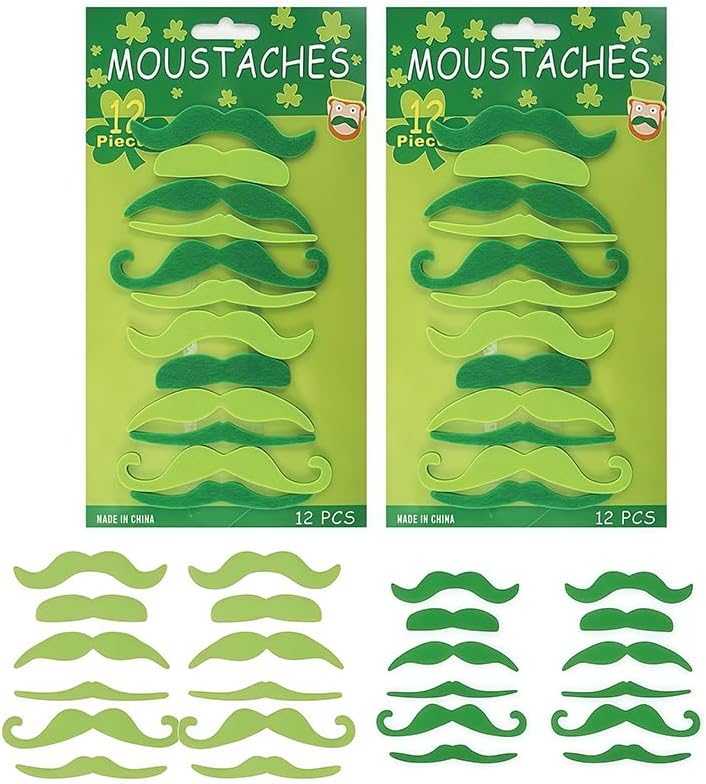 24Pcs St. Patrick's Day Green Mustache,St. Patrick's Day Self-Adhesive Fake Mustaches Beard,Cosplay Costume Accessory for Irish St Patrick's Day Party Supplies