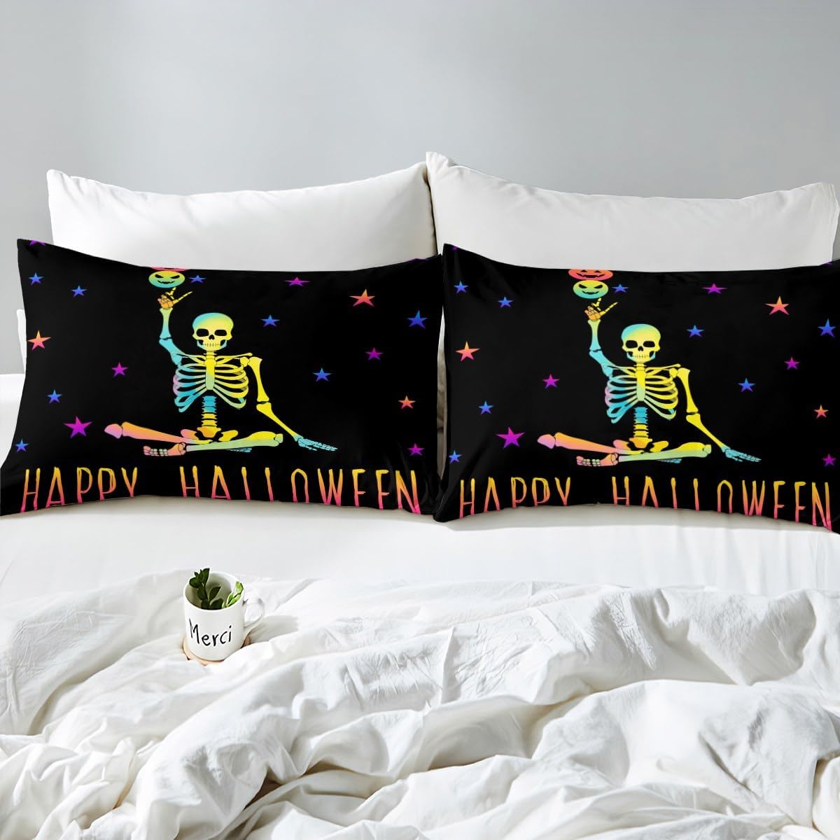 Sugar Skull Halloween Bed Sheets Watercolor Skeleton Halloween Decorations Indoor,Cartoon Gothic Spooky Bone Fitted Sheet Queen,Rainbow Stars Galaxy Bedding Set Horror Hippie Halloween Decor