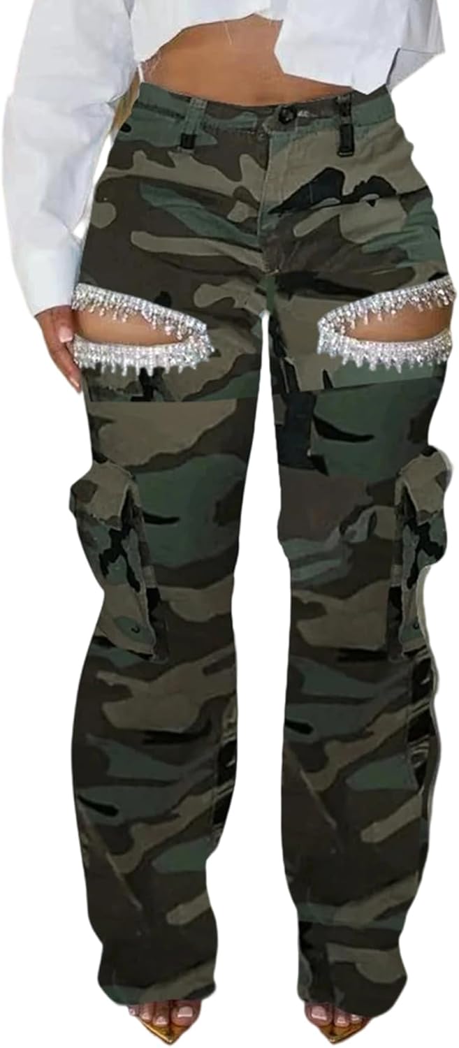 DINGANG Women's High Waisted Cargo Jeans Rhinestones Bling Stretchy Baggy Denim Pants with Flap Pockets