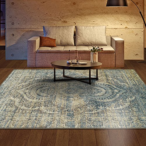 SUPERIOR Eddard Indoor Area Rug, Super Soft, Durable, Elegant, Vintage, Moroccan Pattern, Jute Backing, Blue Beige, 6' x 9' Runner
