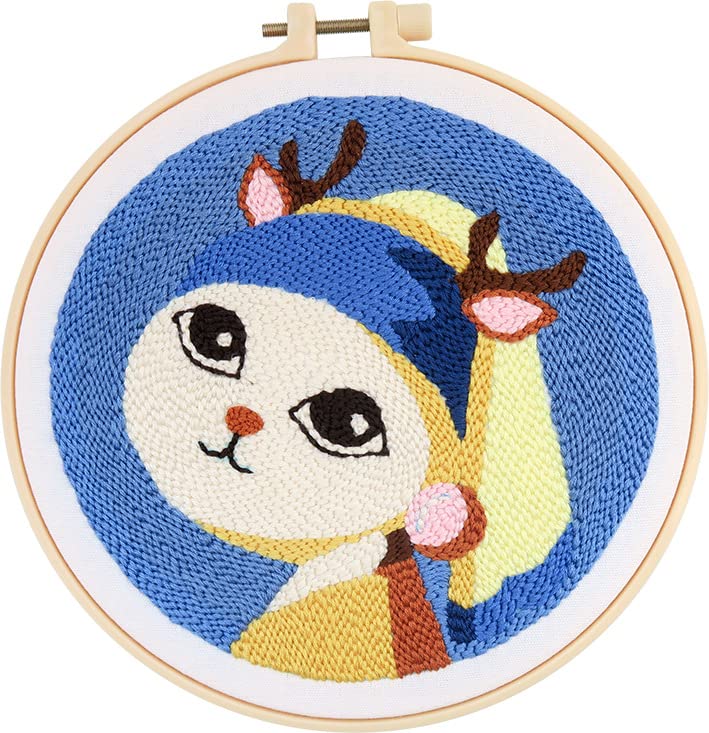 Image of Howie's Punch Needle Kit for Beginners, Cartoon Punch Needle Kit Embroidery with Pattern, Yarns, Tools and Instructions, Creative Craft Home Decor(Pearl Earring Deer, 8 inch diameters)