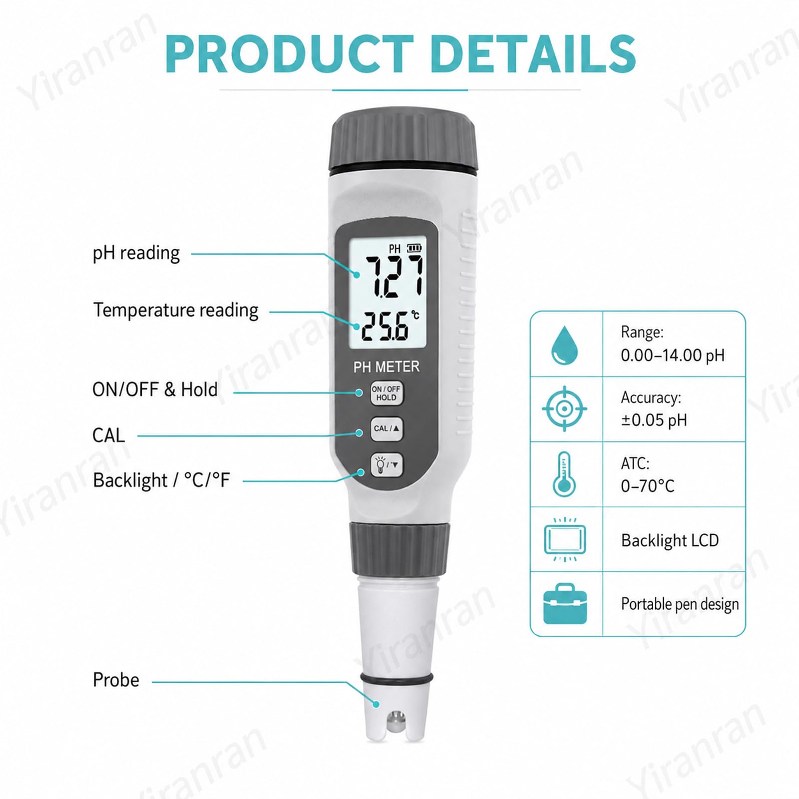 Medidor de pH profesional tipo bolígrafo, analizador digital de calidad del agua, interfaz intuitiva, fácil de usar y compacto, rápido, eficiente, preciso y fiable, para agua potable y piscinas