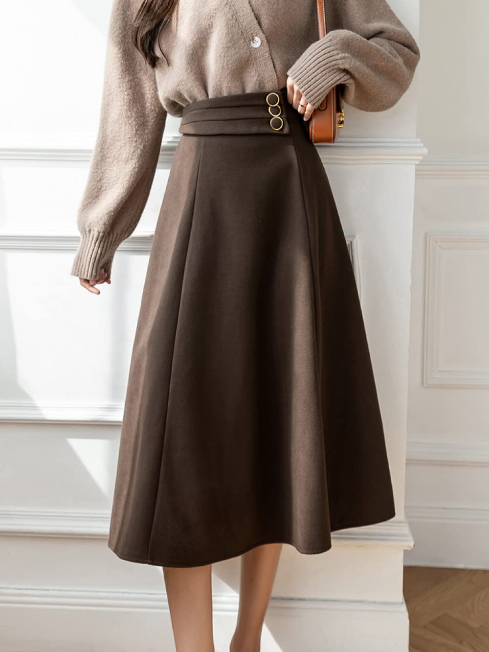 Gonne Lunghe Invernali, Decorazione Bottoni in Vita Gonne Invernali Spesse Marroni Gonna di Lana Elegante A-Line Vita Alta Gonne Vita Elasticizzata Midi Gonna Ampia A Balze A Pendolo