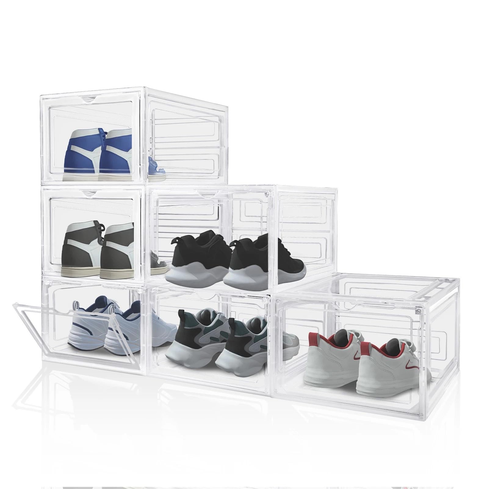 Paquete de 6 cajas de almacenamiento transparentes de plástico duro apilables para zapatos, cajas de almacenamiento de zapatos, cajas grandes de plástico transparente apilables (6 unidades)