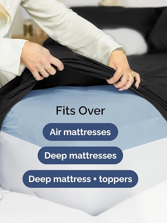 Extra Deep Queen Fitted Sheet - Hotel Luxury Single Fitted Sheet Only - Easily Fits 18 inch to 24 inch Mattress - Ultra Soft, Wrinkle Free w/Extra Deep Pockets - Easy-Care, Breathable & Comfy - Black