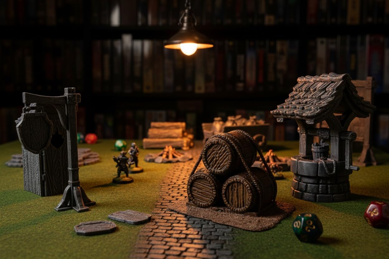Zestaw artykułów miejskich – kompletne akcesoria do D&D, Warhammer, studni, toalety, szyldy, tablica gazet, wózek