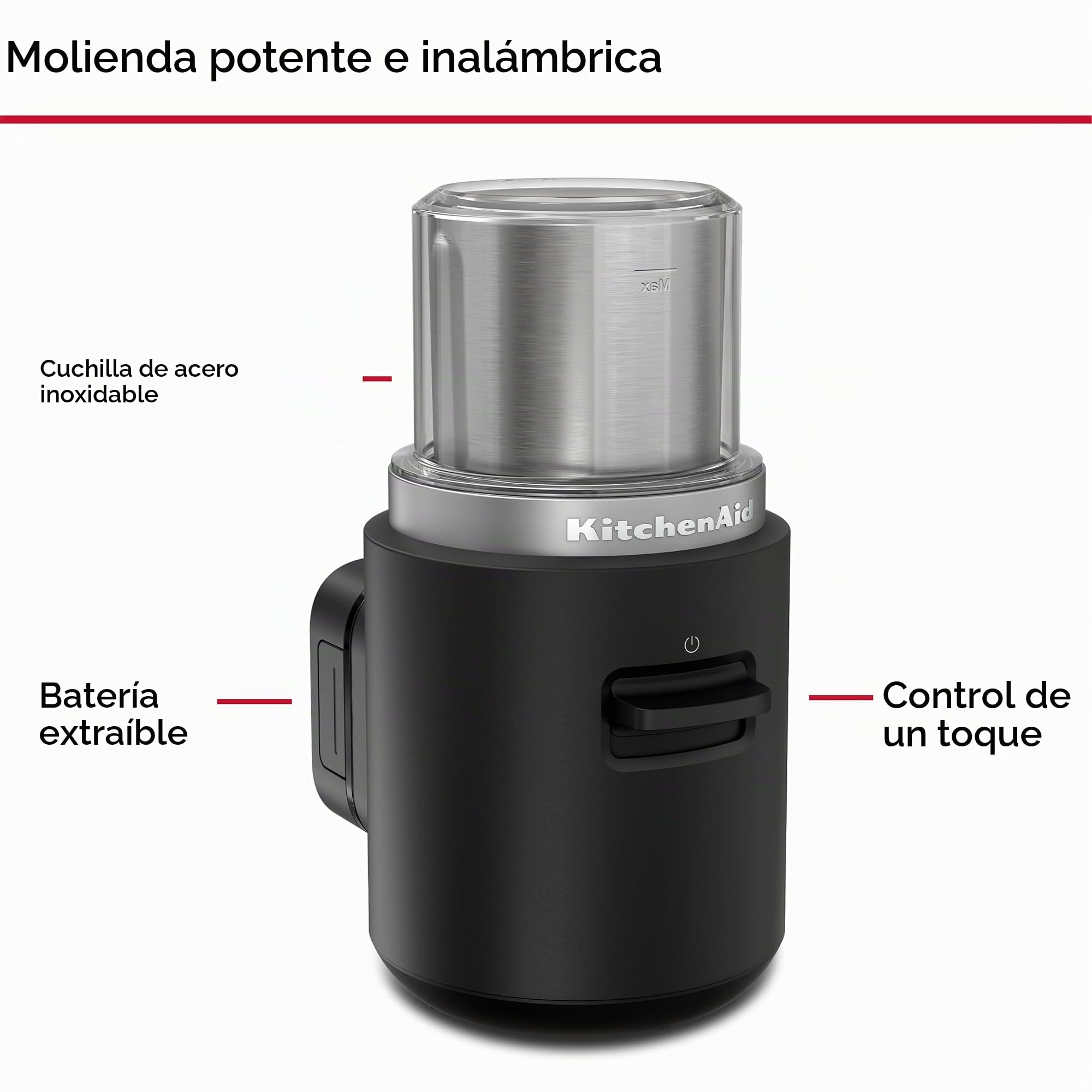 KitchenAid Go Molinillo de Café Inalámbrico con Batería, 113g, Cuchilla de Acero Inoxidable, Control de Un Solo Toque, Hasta 12 Tazas, Negro Mate