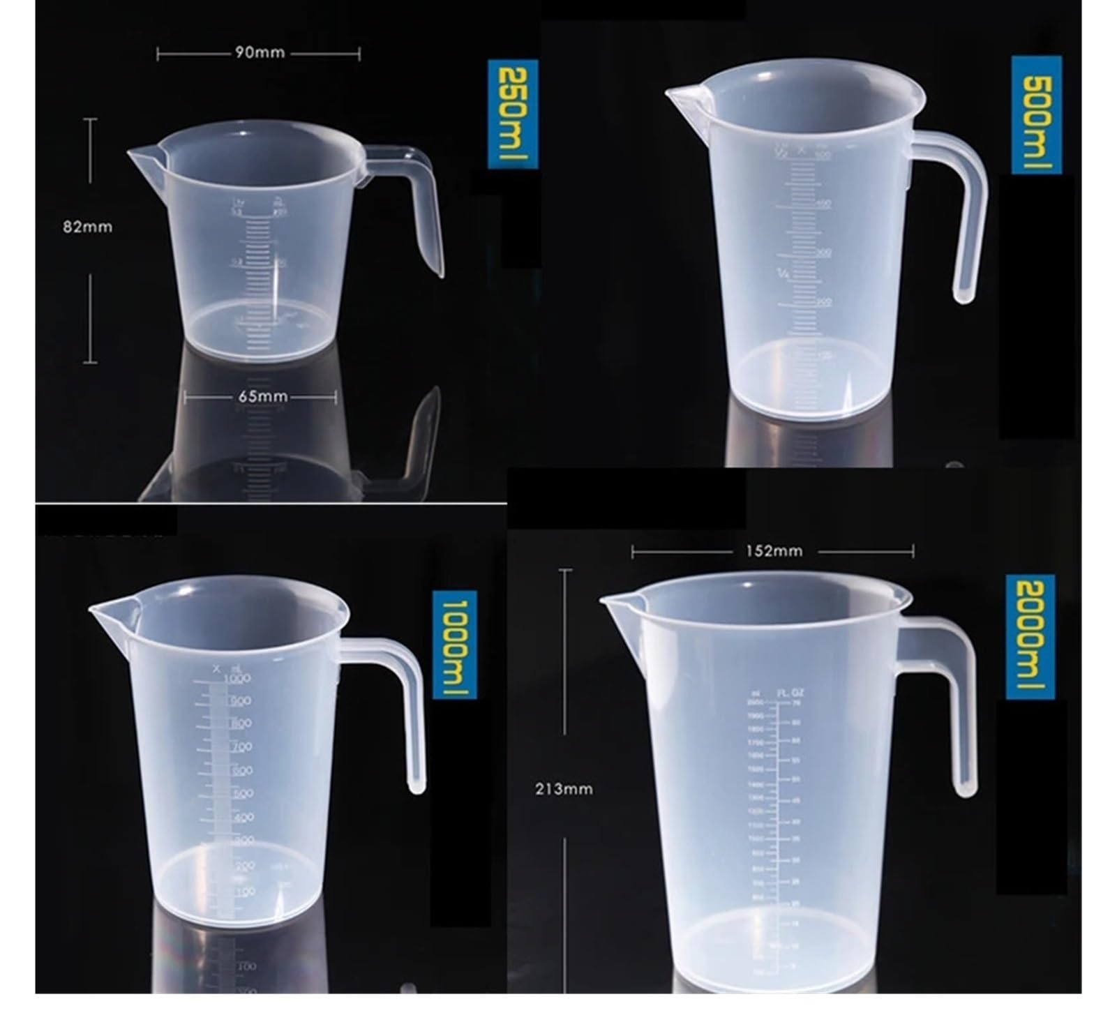 1 Set (250 ml, 500 ml, 1000 ml, 2000 ml) Messbecher aus Kunststoff mit Griff, Polypropylen in Lebensmittelqualität, for Schule, Labor, Küche