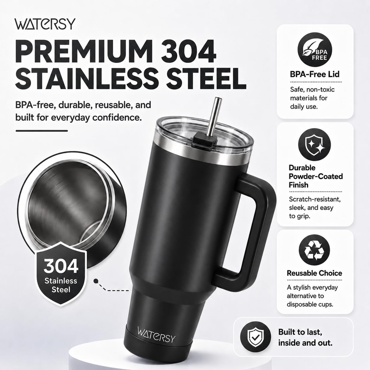 Watersy - Tazza termica con manico e cannuccia, a doppia parete in acciaio inox, mantiene il freddo per 34 ore, per tè, bevande fredde e caffè (tinta unita, nero)