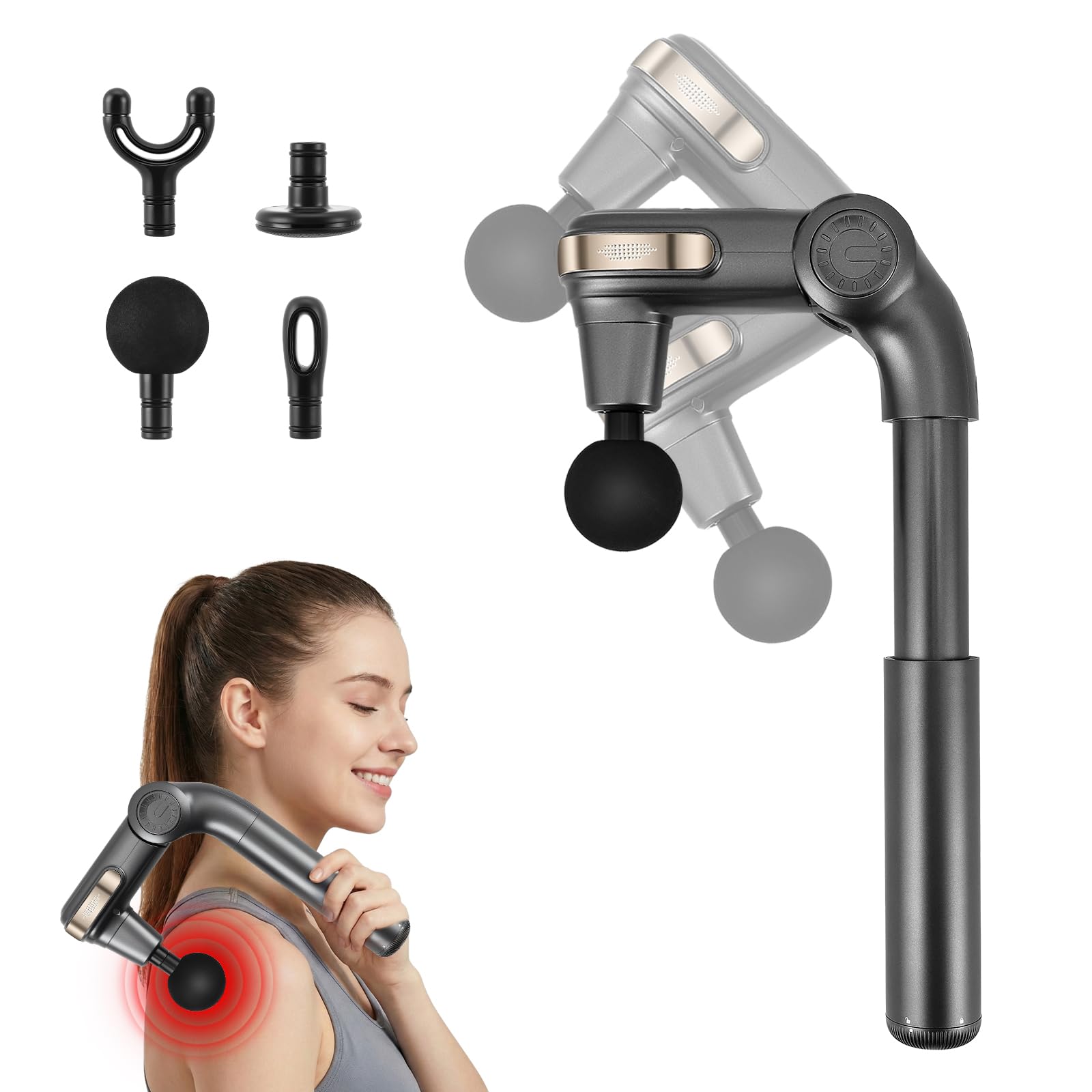 Pistolet de massage des tissus profonds — 3 angles réglables, 4 embouts, 5 vitesses — Masseur musculaire portatif (2800 tr/min) pour la maison, la salle de sport et la relaxation musculaire