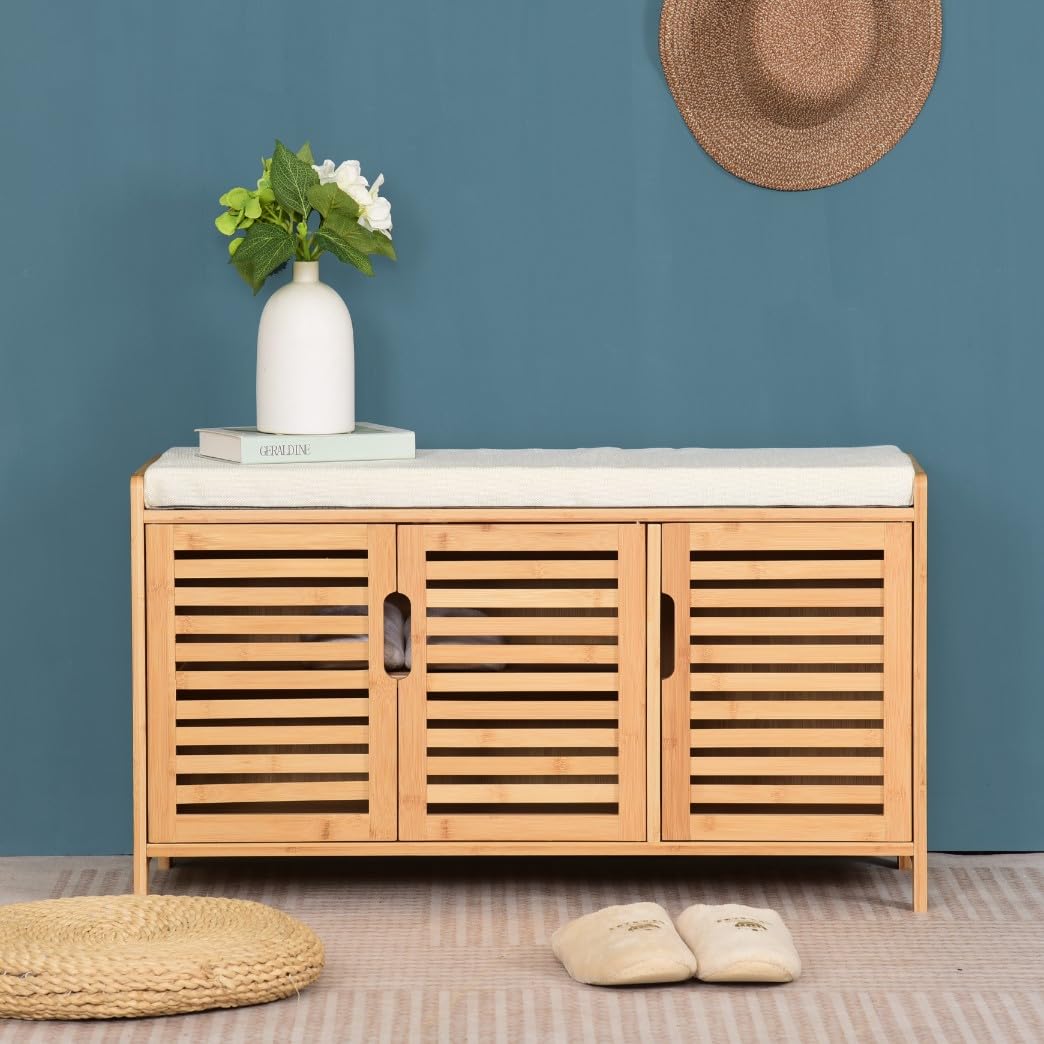 Meuble à chaussures en bambou avec banc d'assise, étagère à chaussures avec 3 compartiments, coussin, meuble à chaussures, pour entrée, 50 x 90 x 35 cm (Beige)
