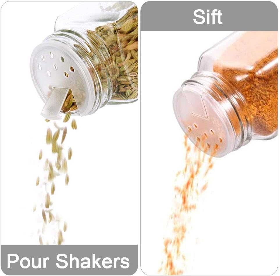 BIGIVACA 48 Pack 4 oz Clear Glass Spice Jars,Empty Square Spice Bottles,Glass Seasoning Jars,Spice Containers with Aluminum Caps,Shaker Lids,1 Pen,120 Black Labels and 1 Foldable Silicone Funnel.