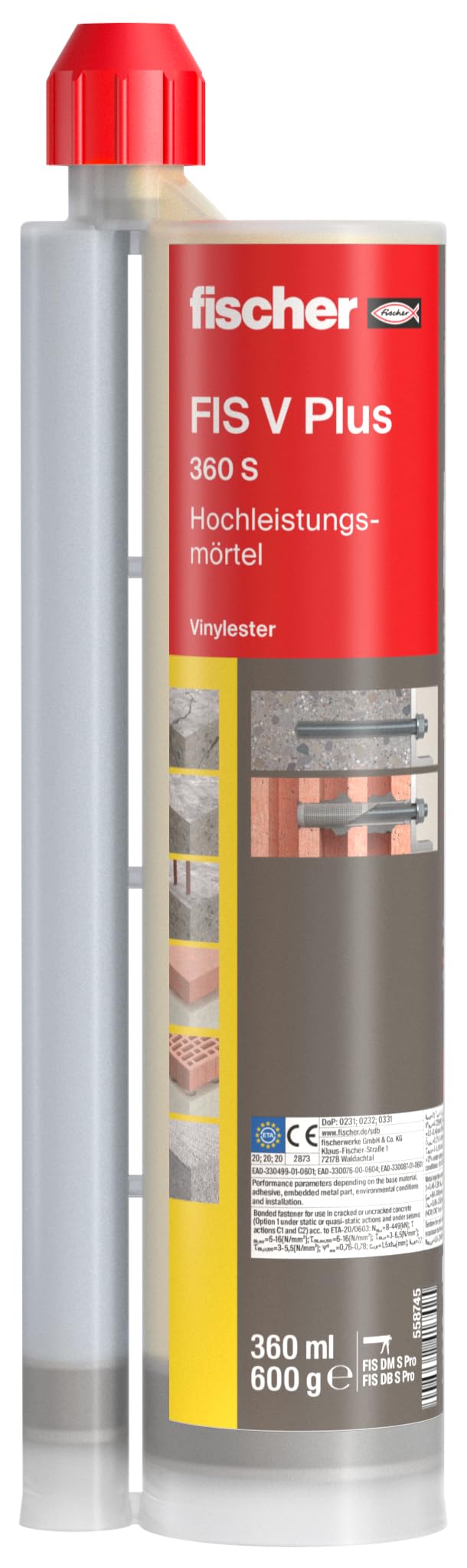 fischer Hochleistungsmörtel FIS V Plus 360 S im Umkarton, Injektionsmörtel mit ETA-Zulassung, für Beton und Mauerwerk, auch für wassergefüllte Bohrlöcher, 24 x 360 ml Kartuschen und 48 x Statikmischer