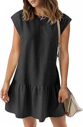 Wenrine Womens Summer T Shirt Dress Cap Sleeve Crewneck Ruffle Hem Dresses | Short Sleeve, Loose Fit, Casual, Teen Dresses, Short Sundress, Basic Simple, Cute, T-Shirt, A-Line