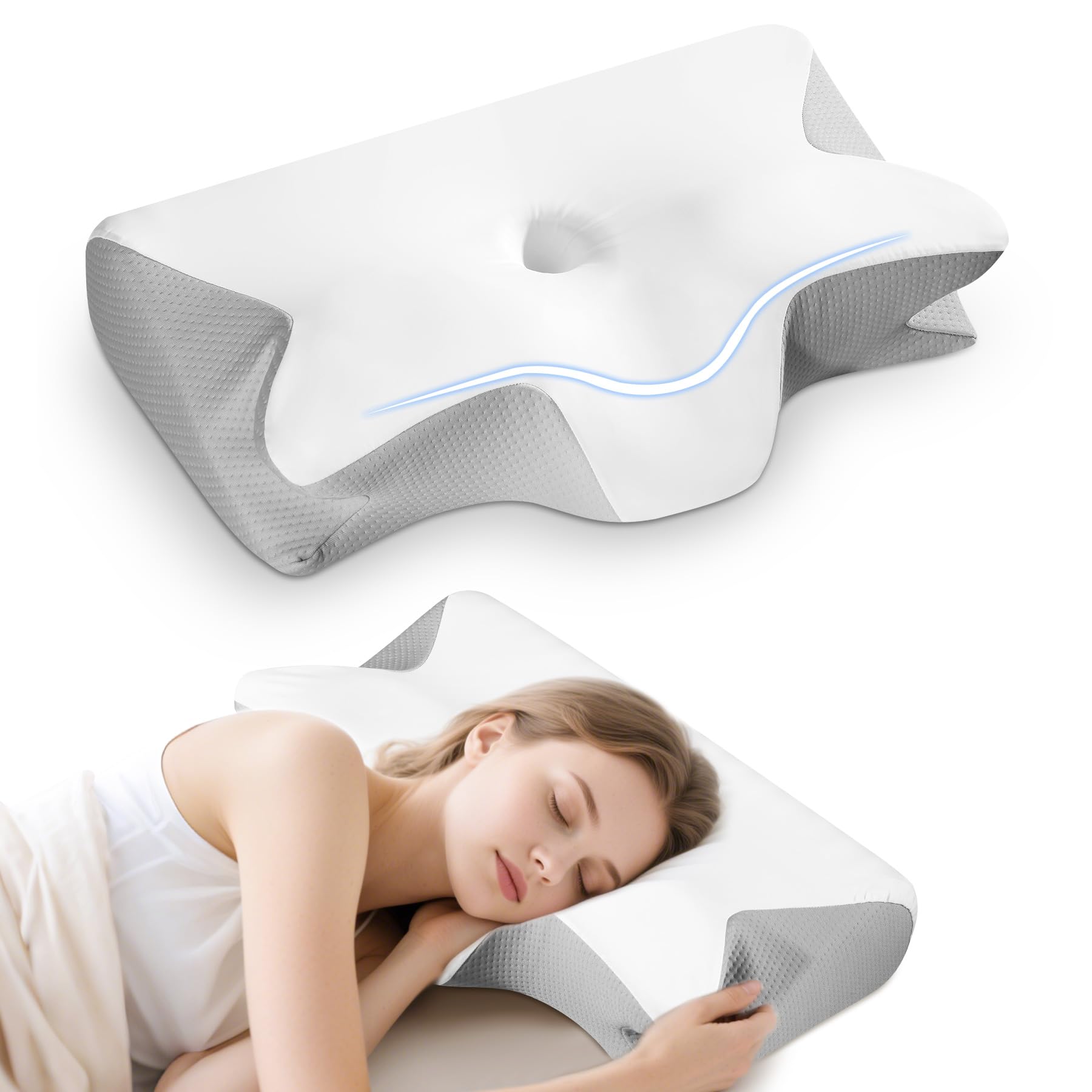 BIEWO Oreiller orthopédique ergonomique en mousse à mémoire de forme pour les personnes dormant sur le dos, le ventre et le côté, oreiller cervical pour soulager les douleurs au cou et aux