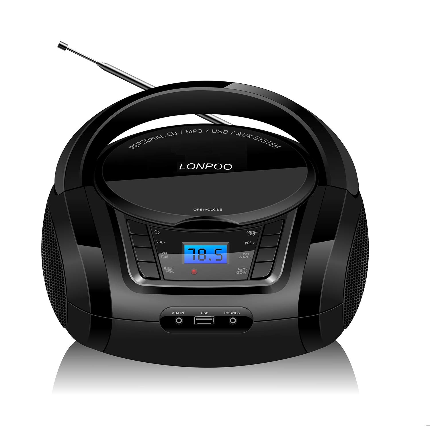 Lettore CD Portatile LONPOO Boombox Stereo Bluetooth con Altoparlanti Integrati, Ingresso USB, AUX, Uscita Cuffie (Black)